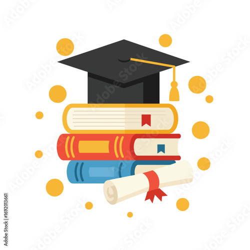 Graduation Cap and Books Stacked with Diploma 1.