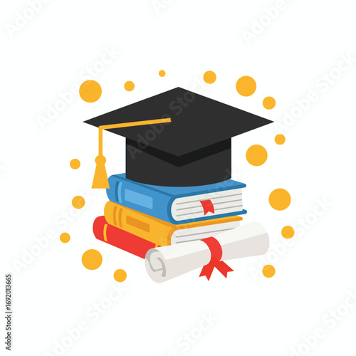 Graduation Cap and Books Stacked with Diploma.