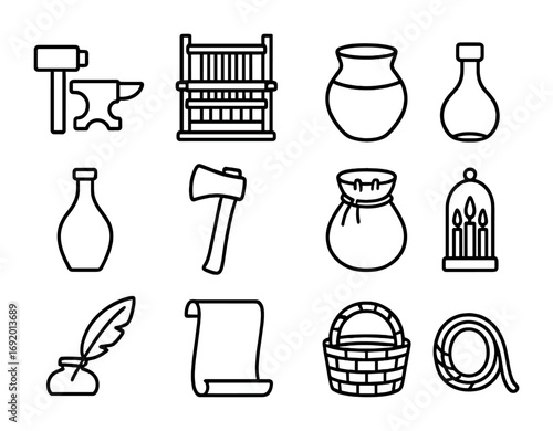 Medieval Craft Icons. Outline icon set of Medieval Crafts: blacksmith hammer, anvil, weaving loom, clay pot,