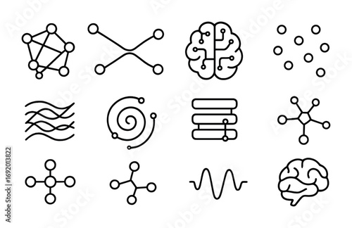 Neural Aesthetics Icons. Outline icon set of Neural Aesthetics: neural net node, synapse arc, brain circuit,