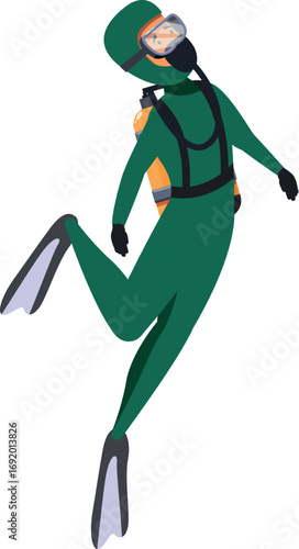 Diver wearing a green diving suit and scuba gear, exploring the underwater world
