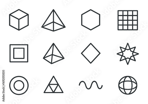 Geometric Icon Set. Outline icon set of Geometric Abstraction: cube, tetrahedron, hexagon, grid lines, nested