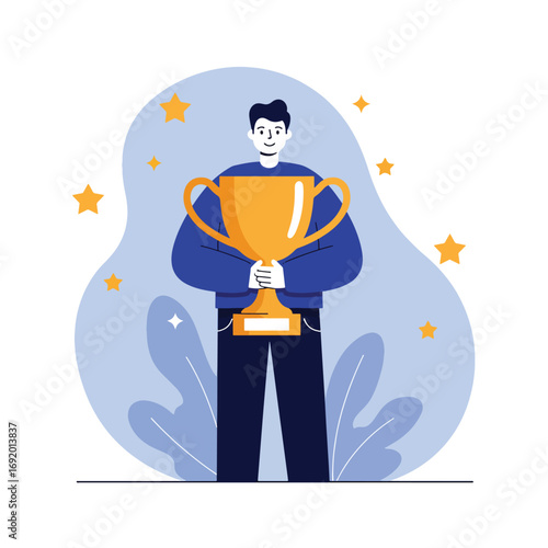 Man Holding Golden Trophy Celebrating Victory