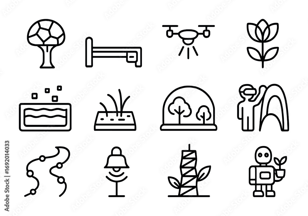 Naklejka premium Futuristic Park Icons. Outline icon set of Futuristic Parks: synthetic tree, smart bench, drone light, neon