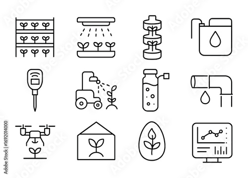 Smart Farm Icons. Outline icon set of Smart Farms: hydroponic rack, LED grow light, vertical tower, nutrient