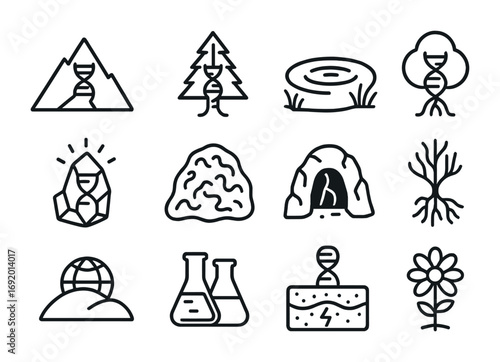 Genetic Landscape Icons. Outline icon set of Genetic Landscapes: engineered mountain, synthetic forest,