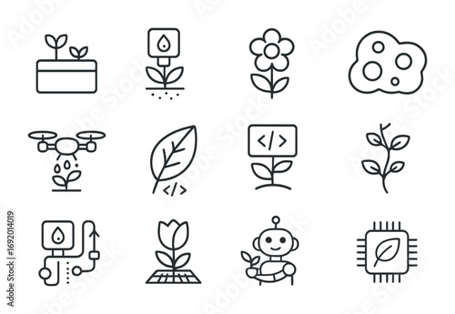 Programmable Garden Icons. Outline icon set of Programmable Gardens: modular planter, irrigation sensor, LED