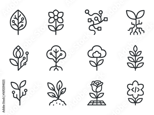 AI Flora Icons. Outline icon set of AI-Designed Flora: neural leaf, algorithmic flower, data vine, pixel root,