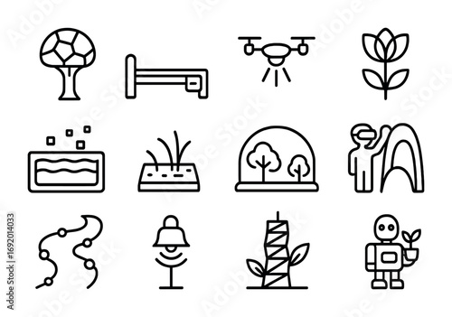 Futuristic Park Icons. Outline icon set of Futuristic Parks: synthetic tree, smart bench, drone light, neon