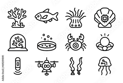 Genetic Coral Ecosystem Icons. Outline icon set of Genetic Coral Reefs: engineered coral, synthetic fish,