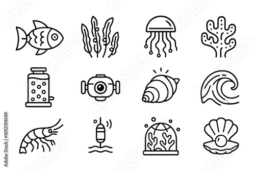 Synthetic Ocean Icons. Outline icon set of Synthetic Oceans: robotic fish, engineered kelp, artificial