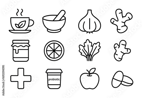 Food as Medicine Icons. Outline icon set of Food as Medicine: herbal tea cup, mortar and pestle, garlic bulb,