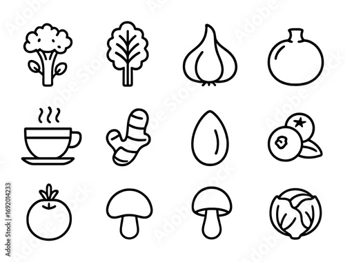 Cancer-Fighting Foods Icons. Outline icon set of Cancer-Fighting Foods: broccoli sprout, kale leaf, garlic