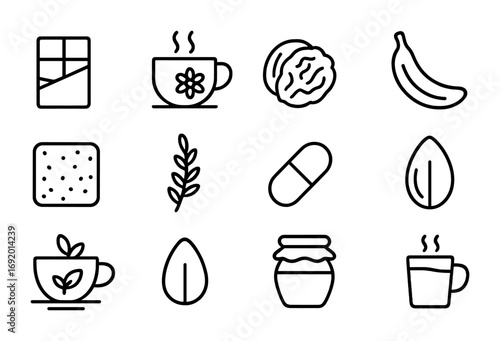 Stress-Relief Foods Icons. Outline icon set of Stress-Relief Foods: dark chocolate, chamomile tea, walnut,
