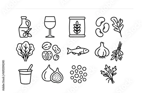 Longevity Diet Icons. Outline icon set of Longevity Diets: olive oil bottle, red wine glass, whole grains,
