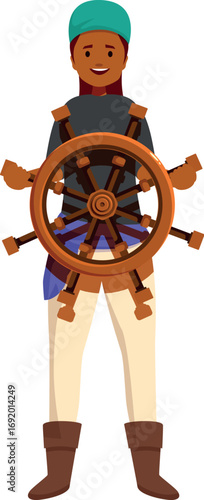 Confident female sailor holding a wooden steering wheel, symbolizing navigation, adventure, and maritime expertise