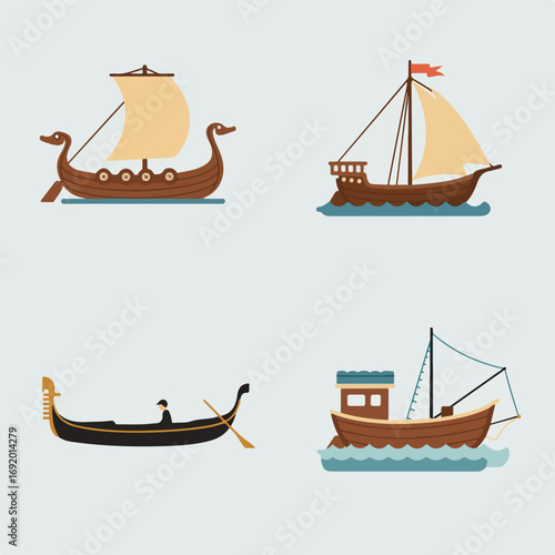 Assorted boats Viking ship, galleon, gondola, fishing boat