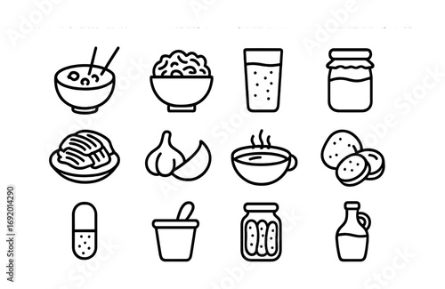 Gut-Healing Foods Icons. Outline icon set of Gut-Healing Foods: miso soup, sauerkraut bowl, kombucha glass,