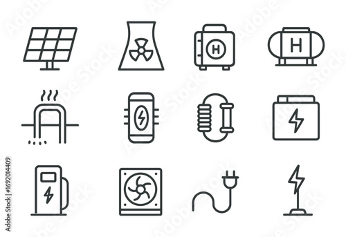 Mining Energy Icon Set. Outline icon set of Mining Energy Systems: solar array, nuclear reactor, fuel cell,