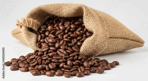 Roasted coffee beans spilling from a rustic burlap sack onto a white surface.