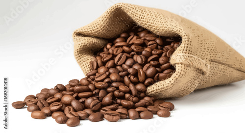 Coffee beans spilling from a burlap sack onto a white surface, creating a visually appealing and inviting image.