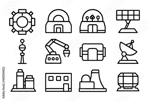 Asteroid Base Icons. Outline icon set of Asteroid Bases: docking port, habitat dome, greenhouse module, solar