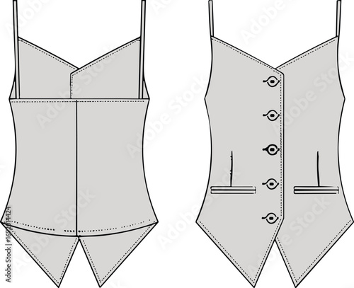 Fashion technical flat sketch of women’s sleeveless buttoned vest top with asymmetric hem, front and back view, vector apparel template design