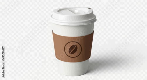 Isolated coffee cup with a brown sleeve, showing a coffee bean logo, ready to drink.