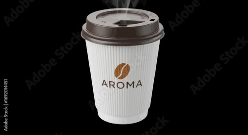 Steaming hot coffee in a disposable white cup with a brown lid, featuring the word "Aroma" and a coffee bean graphic.