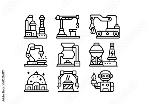 Cosmic Industry Icons. Outline icon set of Cosmic Industry: refinery module, space crane, conveyor system,
