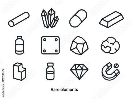 Rare Elements Icons. Outline icon set of Rare Elements: platinum rod, cobalt crystal, uranium capsule, gold