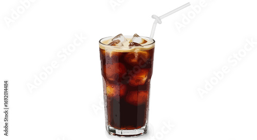 Iced coffee in tall glass with ice cubes and straw.