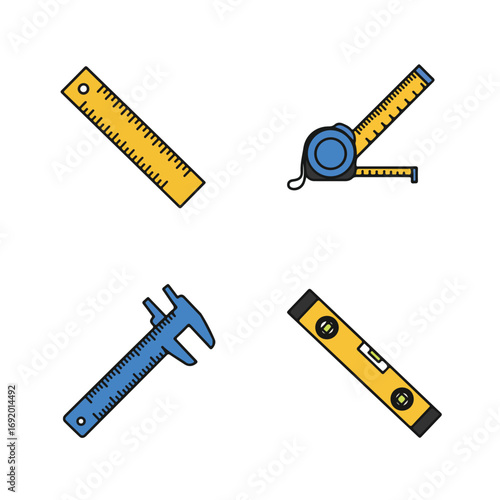 Measurement tools ruler, caliper, tape, level