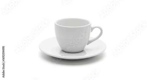 Empty white ceramic coffee cup and saucer on a white background.