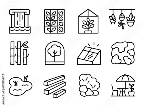 Biophilic Architecture Icons. Outline icon set of Biophilic Architecture: indoor waterfall, plant wall,