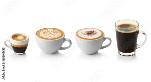 Four different coffee drinks displayed in white cups, showcasing latte art and espresso.