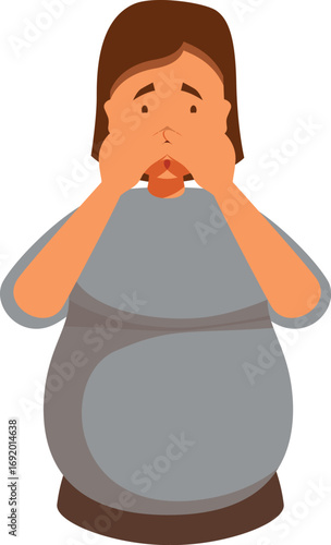 Pregnant woman covering her mouth with hands, expressing fear, shock, or surprise
