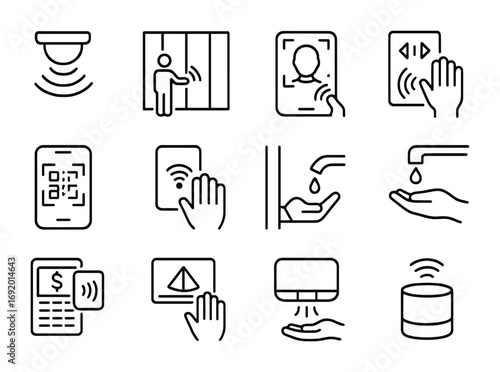Contactless Icon Set. Outline icon set of Contactless Design: motion sensor light, automatic door, facial