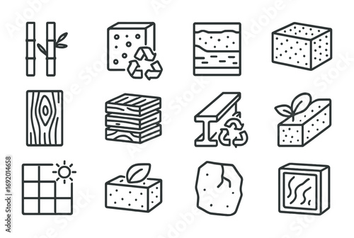 Sustainable Materials Icons. Outline icon set of Sustainable Materials: bamboo plank, recycled concrete,