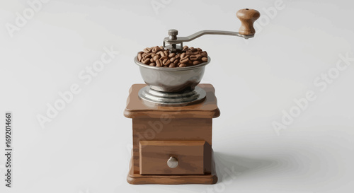 Close-up of a vintage coffee grinder filled with roasted coffee beans, isolated on white background.