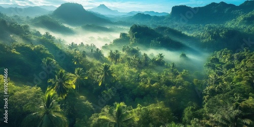 Fototapeta Naklejka Na Ścianę i Meble -  Beautiful landscape tropical island sky blue white clouds A lush jurassic forest