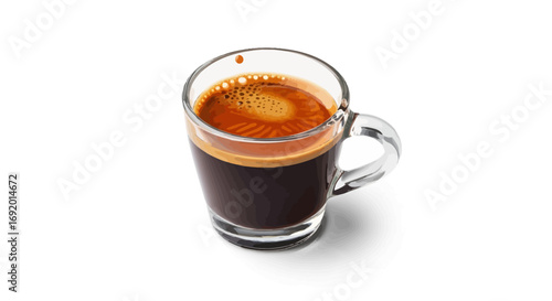 A glass cup filled with freshly brewed espresso coffee, showcasing its rich crema and dark color on a white background.