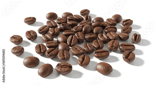 Roasted coffee beans scattered on a white background, showcasing their rich brown color and natural texture.