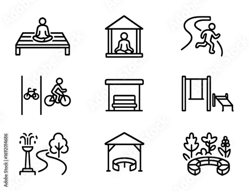 Outdoor Wellness Icons. Outline icon set of Outdoor Wellness Design: open yoga deck, meditation pavilion,