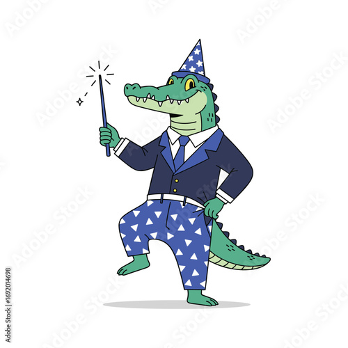 A dapper alligator wizard conjuring spells with a starry hat and wand