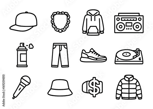 Hip-Hop Fashion Icons. Outline icon set of Hip-Hop Fashion: snapback hat, gold chain, oversized hoodie,