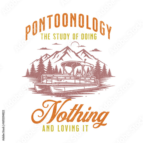 Pontoon boat mountains trees text watercraft lake