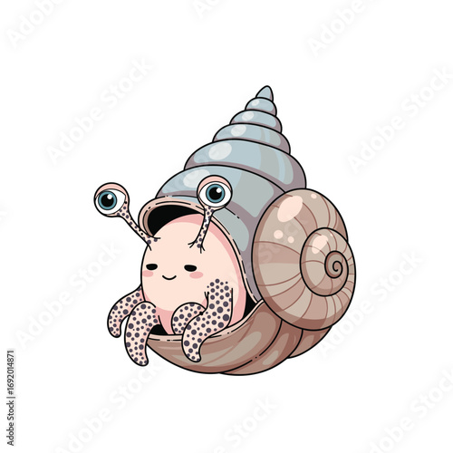 Cute adorable hermit crab peeking out of its seashell home with big eyes
