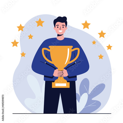 Successful Man Holding Golden Trophy Award.