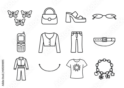 Y2K Fashion Icons. Outline icon set of Y2K Fashion: butterfly clips, metallic mini bag, platform sandals, tiny